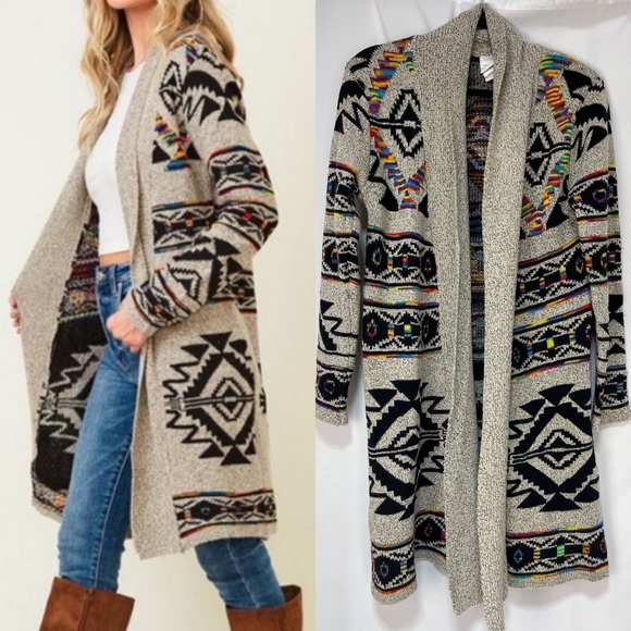 Northern Angle Sweaters - Northern Angle multicolor Aztec boho southwestern open front cardigan sweater M